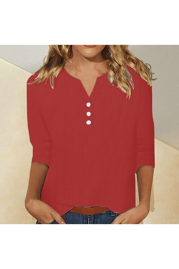 Linen Shirts for Women 3/4 Sleeve V Neck T Shirts Summer Fashion Tunic Tops Dressy Casual Blouses Button Down Vacation Beach Outfits Last From