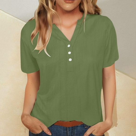 Xdegoge Linen Shirts for Women 3/4 Sleeve V Neck T Shirts Summer Fashion Tunic Tops Dressy Casual Blouses Button Down Vacation Beach Outfits My Delivery Order for Today Clarence Items All Departments
