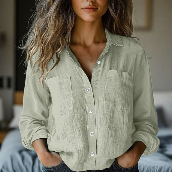 Xdegoge Linen Shirts for Women Loose Fit Long Sleeve Tshirts Dressy Casual Button Down Shirts Boho Summer Beach Tops Business office Work Blouses Vacation Comfy Tees ofertas Del Dia De Hoy Relampago