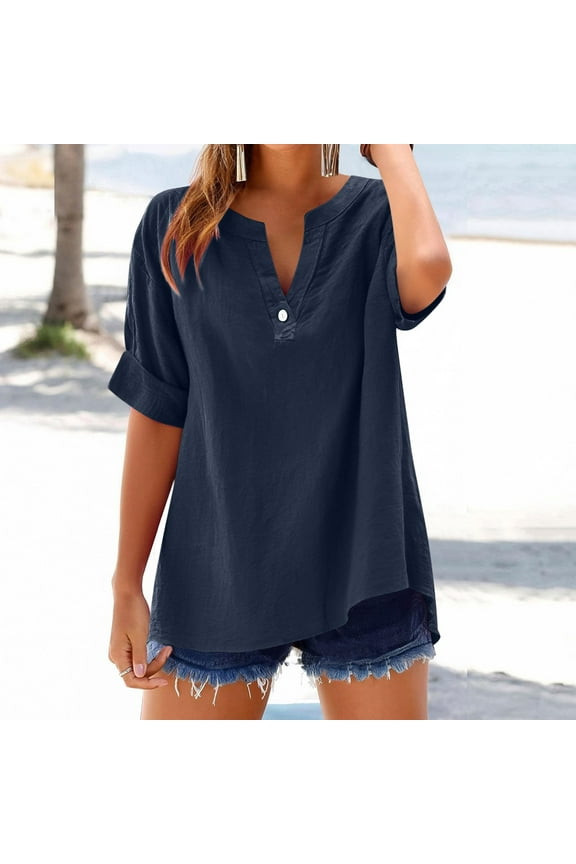Linen Shirts Women Short Sleeve Button Up Collared T Shirts Summer Oversized Dressy Casual Blouses Fashion Tunic Loose Fit Tops Vacation Beach Tee Shirts Items From