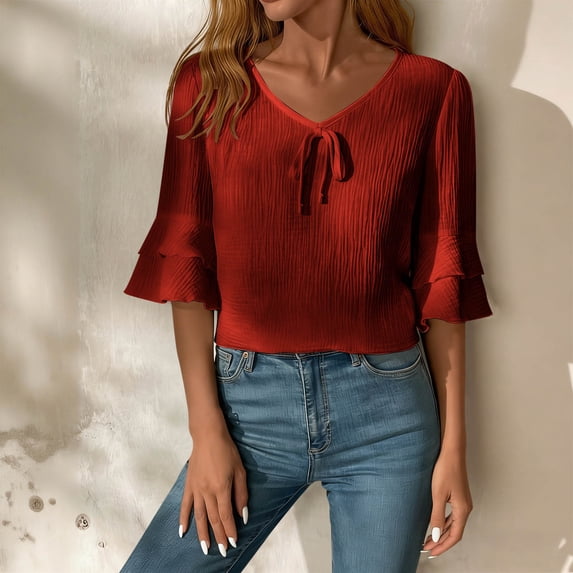Xdegoge Linen Shirts for Women 3/4 Ruffle Sleeve V Neck Tops Elegant Ruffled Textured Top Fashion casual Beach Summer Blouses