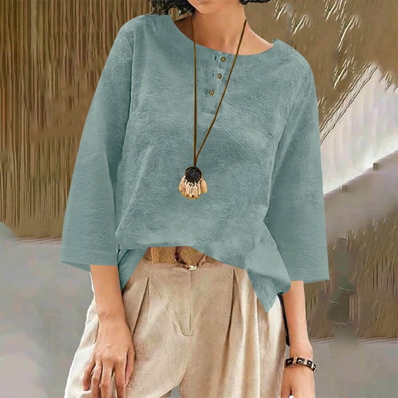 Xdegoge Linen Shirts for Women 3/4 Sleeve Crew Neck Shirt Jacquard Boho Blouse Trendy Lightweight cozy Loose Tops