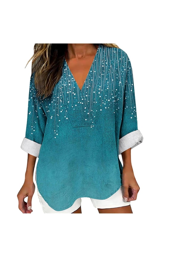 Linen Shirts for Women 3/4 Sleeve V Neck Blouse Wrap Front Polka Dot Pattern Light Weight Flowy Fabric Casual Summer Top for Beach Vacation