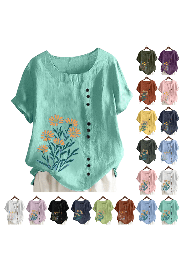 Linen Shirts for Women Floral Embroidery Loose Blouse Short Sleeve Button Front Crew Neck Summer Fashion Tops Mothers Day