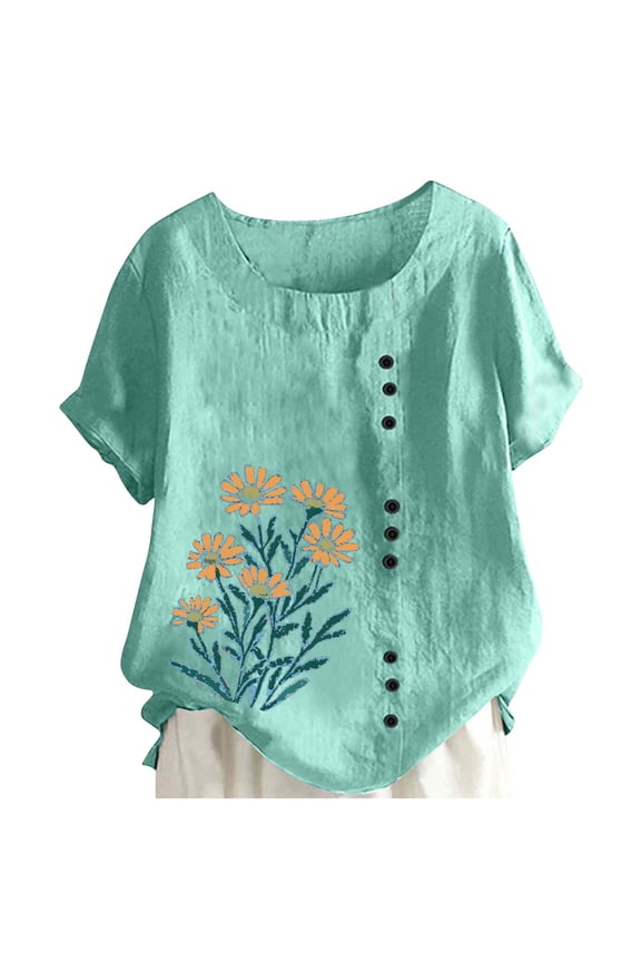 Linen Shirts for Women Floral Embroidery Loose Blouse Short Sleeve Button Front Crew Neck Summer Fashion Tops