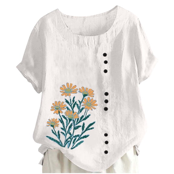 Xdegoge Linen Shirts for Women Floral Embroidery Loose Blouse Short Sleeve Button Front Crew Neck Summer Fashion Tops
