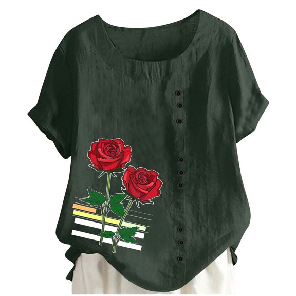 Xdegoge Linen Shirts for Women Short Sleeve Rose Print Loose Blouse Short Sleeve Button Front Crew Neck T-Shirt Casual Summer Fashion Tops
