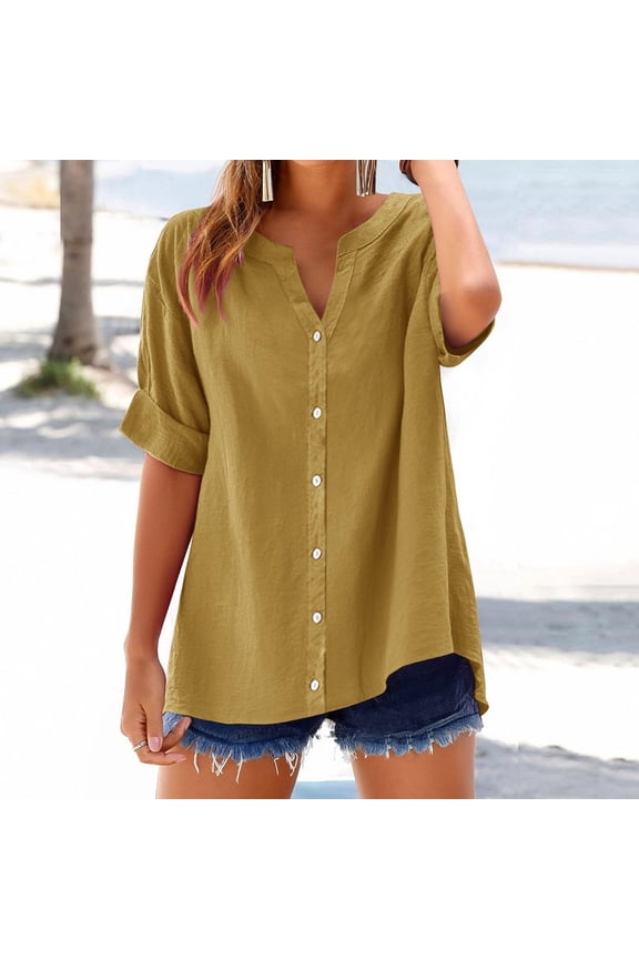 Linen Shirts for Women V Neck Summer Short Sleeve Button Up T Shirt Oversized Casual Blouses Fashion Tunic Loose Fit Tops Vacation Beach Tee