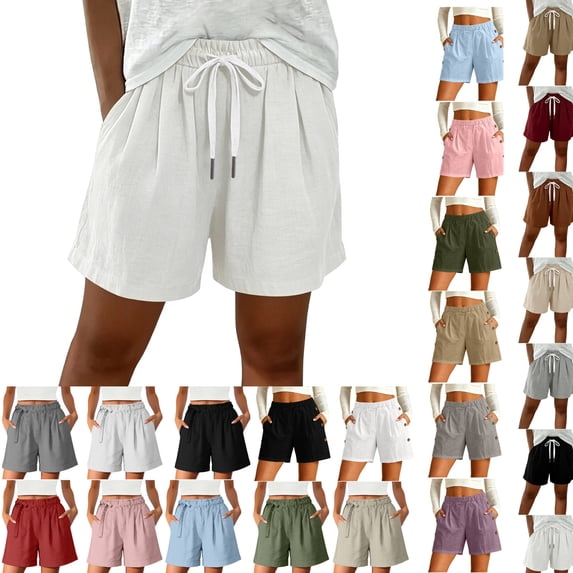 LEKWK Linen Shorts for Women Drawstring Lightweight Elastic Waist Shorts with Pockets Mid Rise Loose Fit Bermuda Shorts Casual Lounge Beach Vacation Everyday Wear Green M