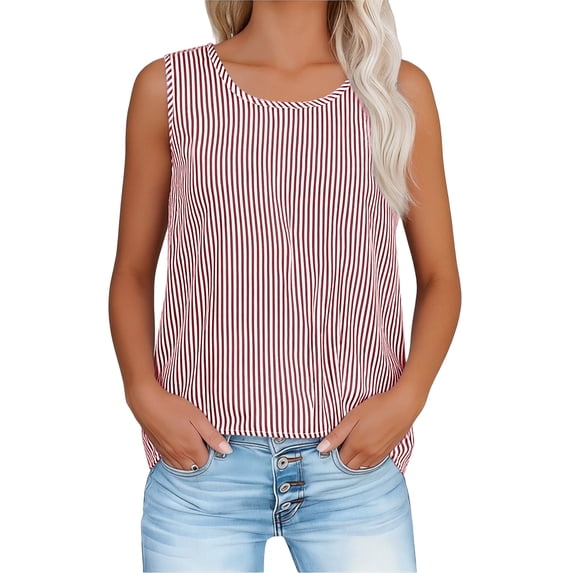 Xdegoge Linen Sleeveless Blouses for Women Scoop Neck Casual Work office Daily Wear Relaxed Fit Thin Vertical Striped Print Soft Stretchy Spring Summer Tops