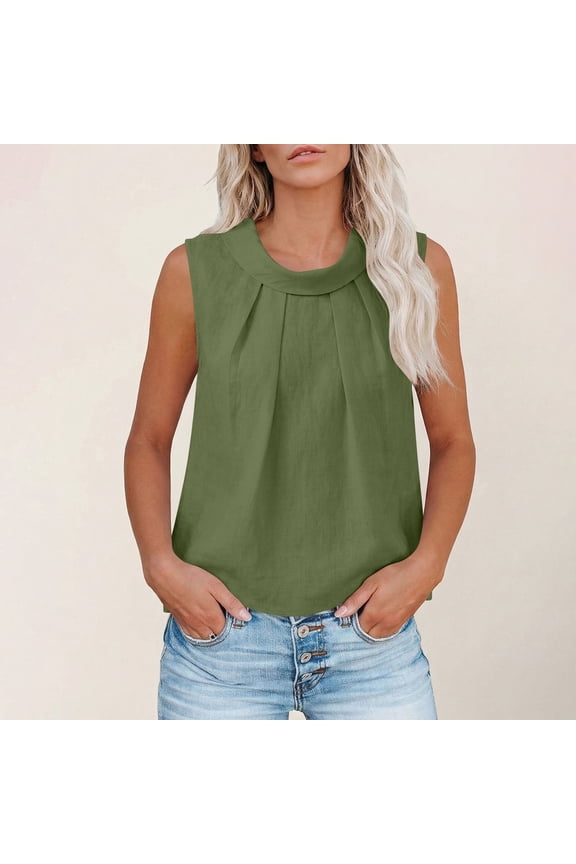 Linen Sleeveless Tops for Women Elegant Mock Neck office Workwear Going Out Style Loose Fit Solid Front Pleated Draped Design Soft Flowy Spring Summer Tops