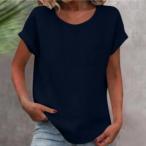 Xdegoge Linen T Shirt for Women Crew Neck Short Sleeve Casual Daily Loose Fit Solid Front Pocket Lightweight Linen Feel Breathable Summer Spring Tops Simple Basic Essential Fashion Apparel