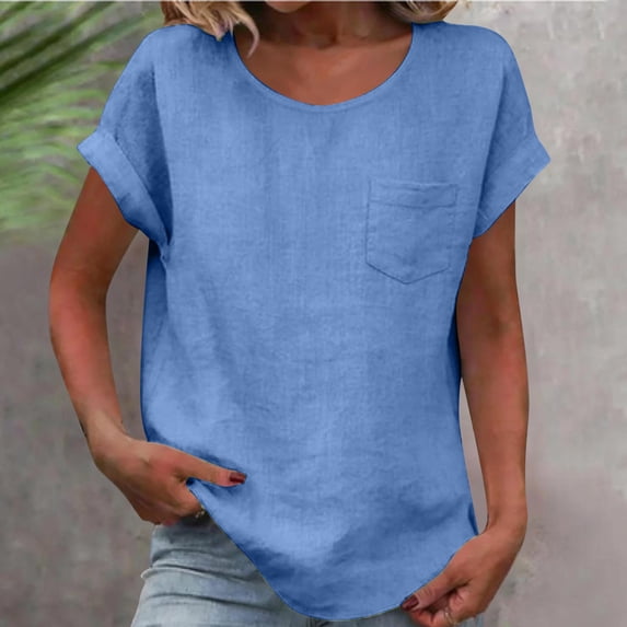 Xdegoge Linen T Shirt for Women Crew Neck Short Sleeve Casual Daily Loose Fit Solid Front Pocket Lightweight Linen Feel Breathable Summer Spring Tops Simple Basic Essential Fashion Apparel