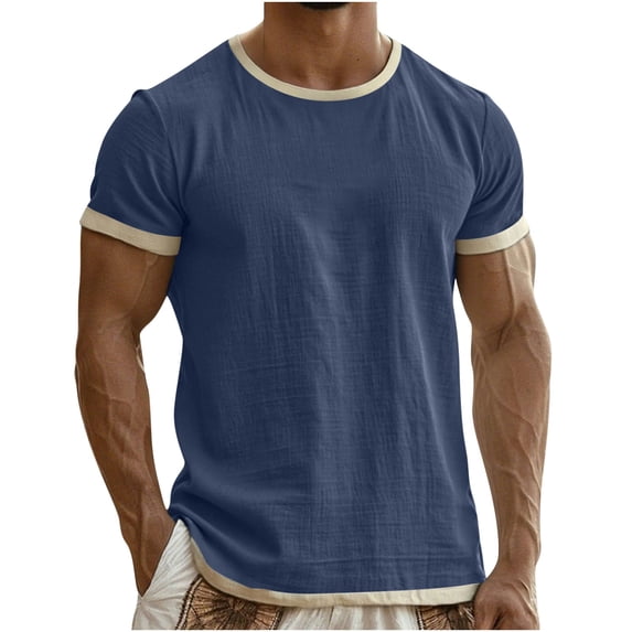 Xdegoge Linen T Shirts for Men Crewneck Short Sleeve Casual Athletic Wear Muscle Fit Solid Contrast Trim Design Lightweight Breathable Summer Spring Tops