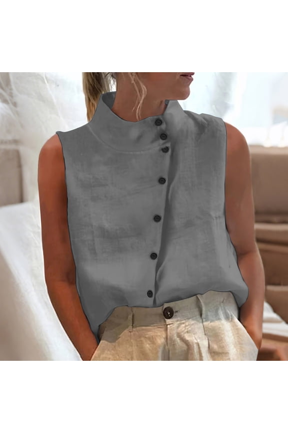 Linen Tank Top for Women Mock Neck Sleeveless Casual Work Office Dressy Vibe Loose Relaxed Fit Solid Asymmetrical Button Detail Lightweight Summer Spring Tops
