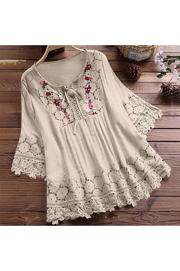 Linen Tops for Women Split V Neck Flare Sleeve Retro Boho Oversized Embroidered Flower Lace Hollow Out Cool Breathable Summer Spring Tops Peasant Smock Hippie Chic Clothing