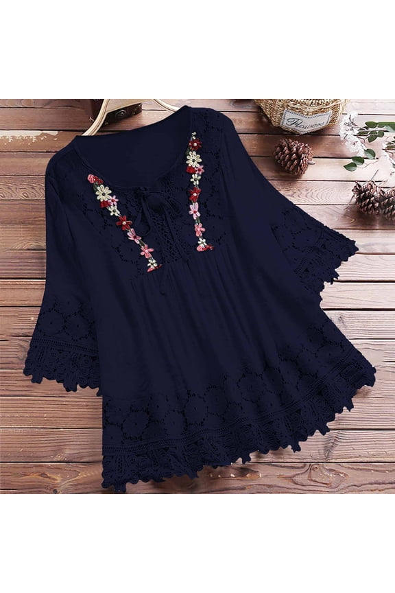 Linen Tops for Women Split V Neck Flare Sleeve Retro Boho Oversized Embroidered Flower Lace Hollow Out Cool Breathable Summer Spring Tops Peasant Smock Hippie Chic Clothing