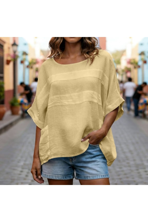 Linen Tunic Blouse for Women Boat Neck Short Dolman Sleeve Casual Relaxed Everyday Wear Oversized Baggy Fit Subtle Horizontal Striped Pattern With Pocket Detail Breathable Summer Spring Tops