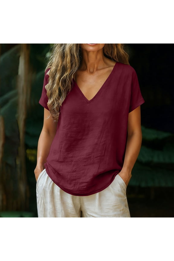 Linen Tunic Blouse for Women V Neck Short Sleeve Casual Everyday Work Office Vibe Relaxed Baggy Fit Solid Plain Minimalist Design Soft Lightweight Breathable Summer Tops
