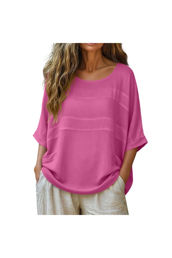Linen Tunic Tops for Women Crewneck Half Sleeve Casual Boho Vacation Wear Slouchy Relaxed Fit Subtle Striped Pattern Side Pocket Breathable Summer Tops