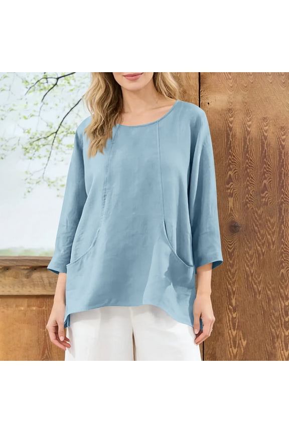Linen Tunic Tops for Women Round Neck Three Quarter Sleeve Casual Work office Vibe Loose Fit High Low Hem with Pockets Solid Breathable Spring Tops