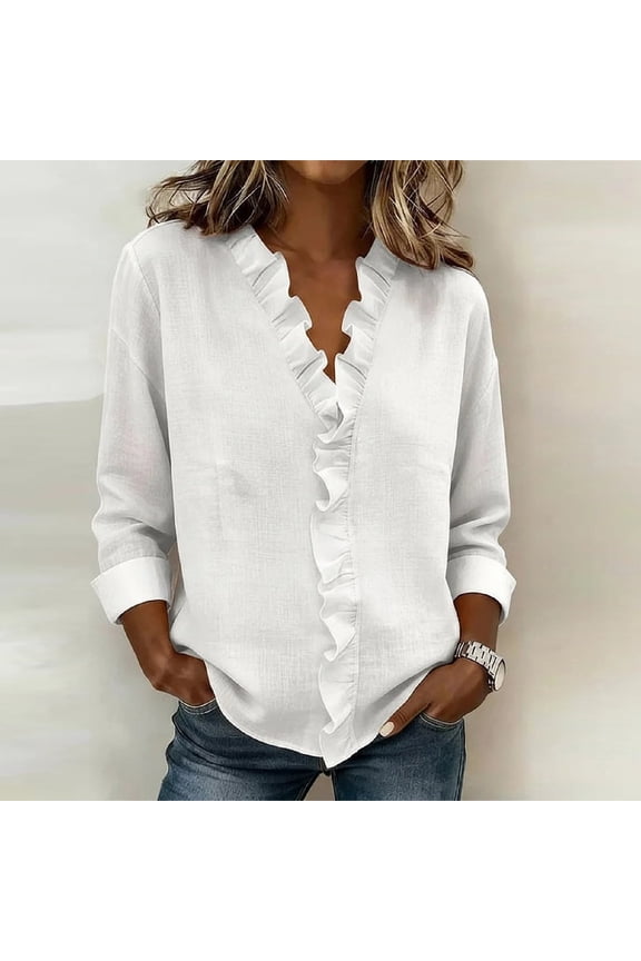 Linen Tunic for Women V Neck Long Sleeve Casual Boho Ruffle Trim Frill Front Loose Fit Solid Feel Breathable Lightweight Soft Flowy Peplum Hem Relaxed Fit Everyday Tops