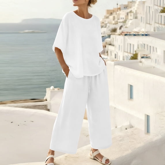 Xdegoge Linen Two Piece Lounge Sets for Women Casual Short Sleeve Asymmetrical Top and Cropped Wide Leg Pants Outfit Loose Fit Drawstring Waist Trousers Flowy Summer Activewear