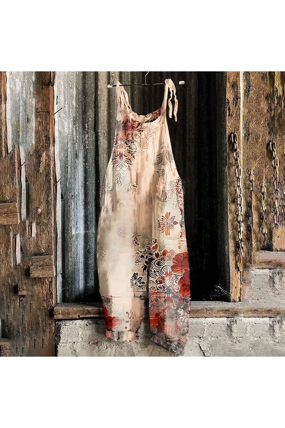 Linen Vintage Print Sleeveless Jumpsuits for Women Casual Tie Knot Strap Wide Leg Overalls Boho Summer Beach Baggy Rompers Loose Flowy Lounge Playsuit Wear