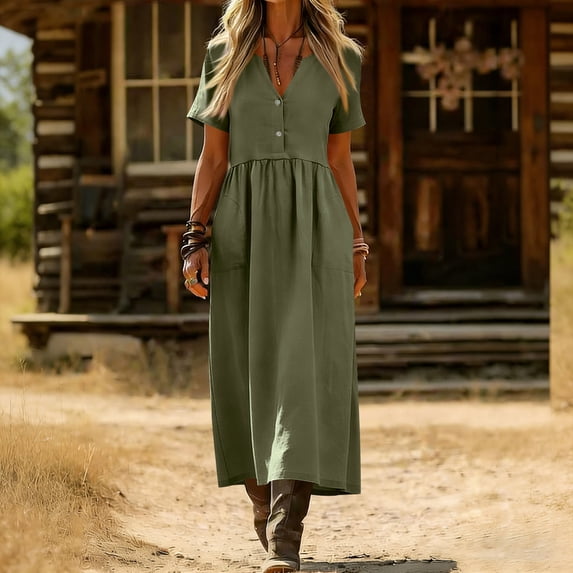 Xdegoge Linen Vintage Solid Color V Neck Short Sleeve Maxi Dress for Women Button Down Summer Boho Sundress Flowy A Line Long Dress with Pockets Casual Daily Vacation Wear