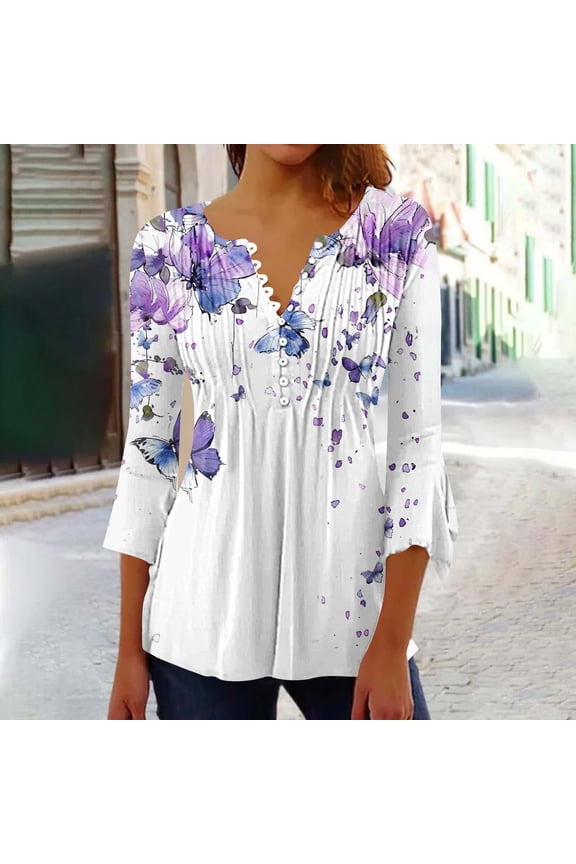 Liquidaciones De 3/4 Length Sleeve Womens Tops Button Down V Neck T Shirts Floral Summer Tunic Ladies Tops Elegant Dressy Casual Blouses Fashion Vacation Tee Shirts Ropa Mujer