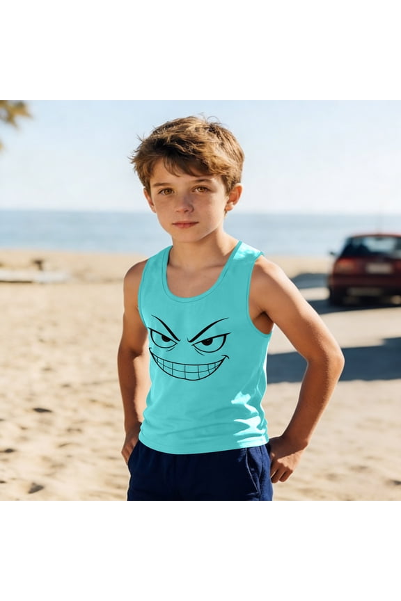 Little Boys Funny Graphic Shirts Cute Creepy Evil Grin Face Print Sleeveless Casual Playwear School Tops Comfy Stretchy Daily Outfits Youth Summer Apparel