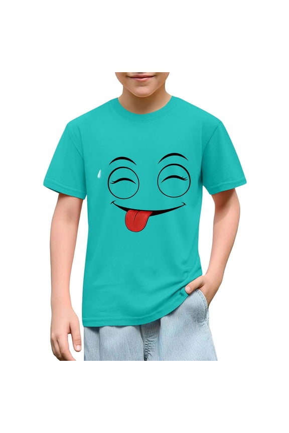 Little Boys Funny Graphic Tops Silly Winking Face Sticking Tongue Out Print Short Sleeve T-Shirt Casual School Playwear Breathable Summer Active Clothing
