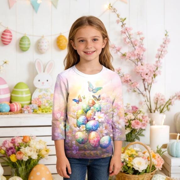 Xdegoge Little Girls Easter Pullover Tops Three Dimensional Floral Eggs And Butterflies Print Long Sleeve Crewneck Spring Holiday Party Outfits Casual Lightweight Shirts