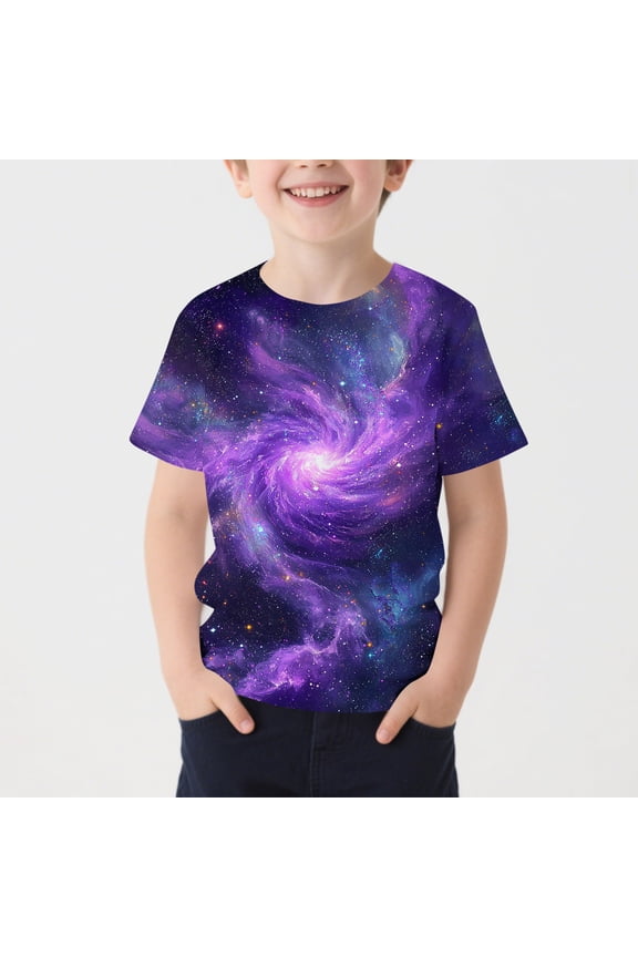 Little Kids Boys Cute Graphic Tees Cosmic Universe Starlight Outer Space Print Short Sleeve Pullover Casual Playwear School Tops Soft Stretchy Everyday Shirts