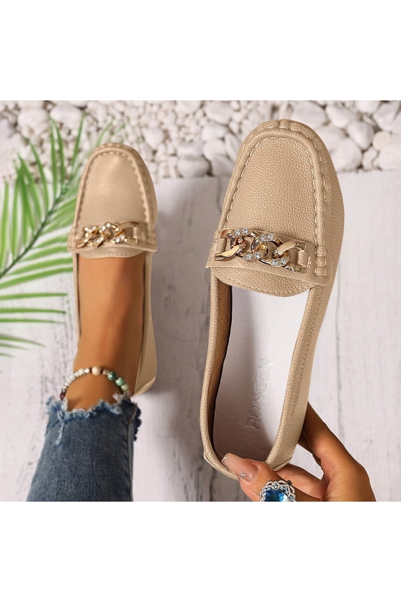Loafers for Women Classic Slip On Flat Shoes Gold Metal Chain Link Detail Moccasin Style Closed Toe Lightweight Professional Office Work Casual Dressy Footwear
