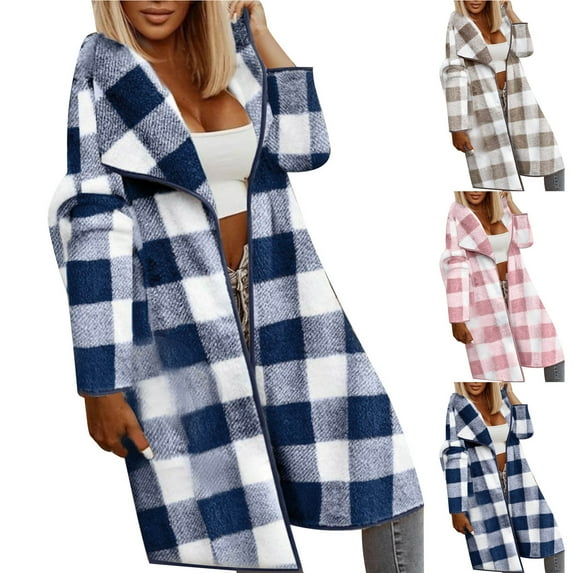 Xdegoge Long Cardigans for Women Trendy Plaid Sherpa Fleece Lapel Open Front Jackets Thick Fuzzy Oversized Thermal Coat Winter Trendy Streetwear Shacket Jacket 2025