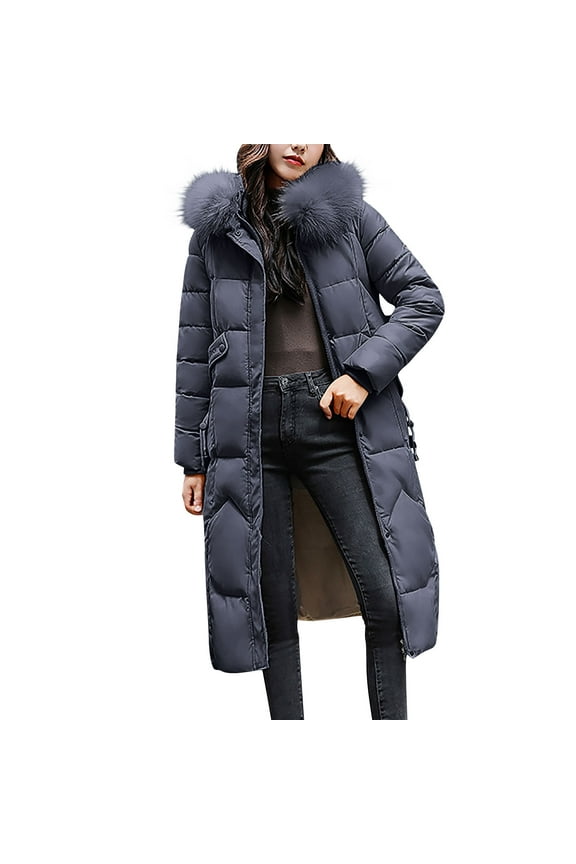 Long Down Coats for Women Thick Quilted Winter Jackets Warm Maxi Padded Puffer Coats Zip Up Heavy Parka Coat Outerwear with Deep Pockets and Faux Fur Hood