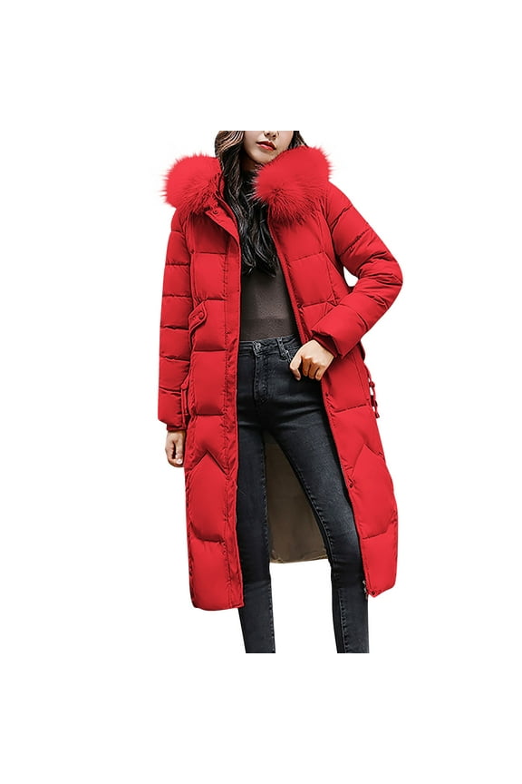 Long Down Coats for Women Thick Quilted Winter Jackets Warm Maxi Padded Puffer Coats Zip Up Heavy Parka Coat Outerwear with Deep Pockets and Faux Fur Hood