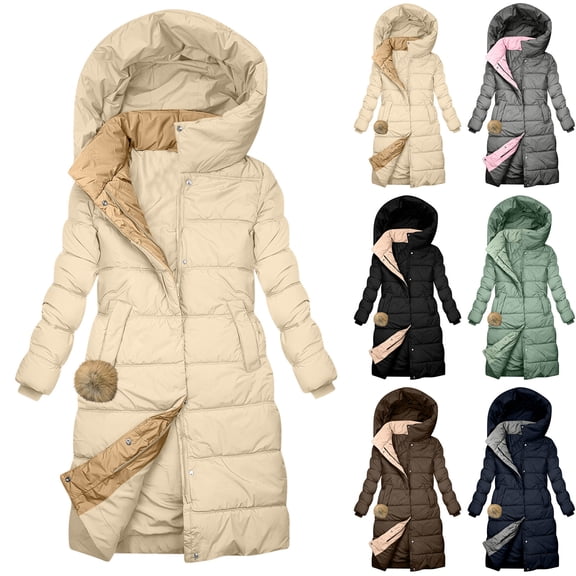 Xdegoge Long Down Coats for Women Warm Parka Winter Jacket Hidden Full Zip Button Down Hooded Padded Quilted Jacket Cozy Long Sleeve Thick Heavy Coat with Pockets
