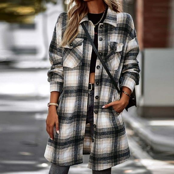 Xdegoge Long Flannel Plaid Jackets for Women Button Down Loose Fit Long Sleeve Shacket Jacket Cozy Casual Lapel Oversized Coats with Pocket 2025 Winter Fleece Tops