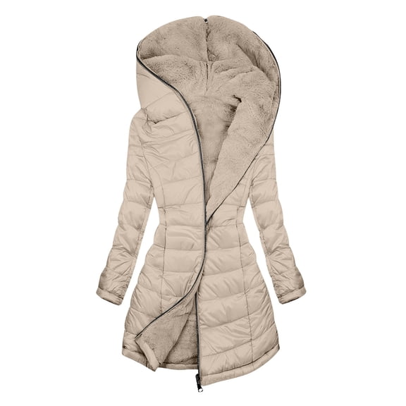 Xdegoge Long Down Jacket Women with Hood Fleece Lined Warm Thick Winter Coats Sherpa Hooded Full Zip Heavy Quilted Jacket with Pockets Outerwear Cold Weather Jackets