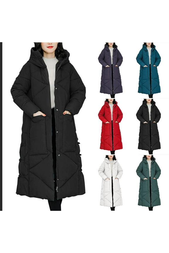 Long Padded Coat for Women Thicken Zip Up Hooded Quilted Jackets with Deep Pockets Overknee Side Spilt Solid Color Thermal Down Coats 2025 Winter Puffer Jacket