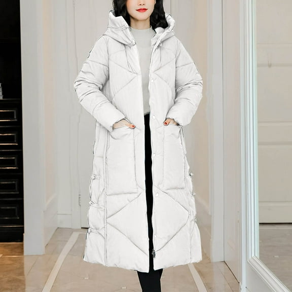 Xdegoge Long Padded Coat for Women Thicken Zip Up Hooded Quilted Jackets with Deep Pockets Overknee Side Spilt Solid Color Thermal Down Coats 2025 Winter Puffer Jacket