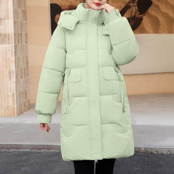 Xdegoge Long Padded Jackets for Women Zip Up Windproof Stand Collar Hooded Down Coats with Pockets Fashion Solid Color Plus Size Quilted Jacket Winter Casual Warm Outerwear 2025