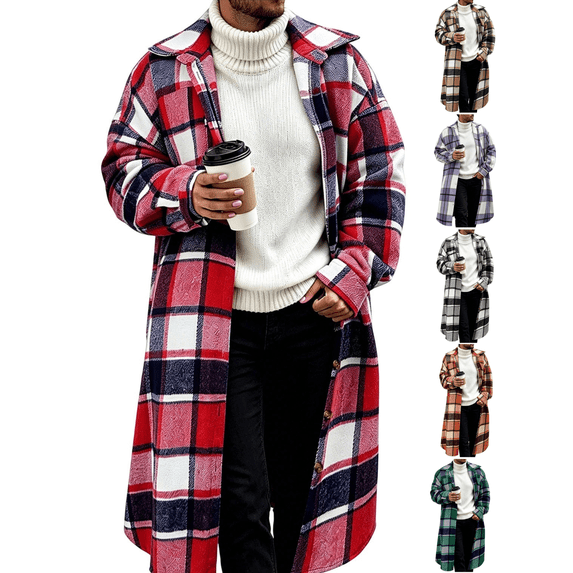 Xdegoge Long Plaid Coat Mens Casual Button Down Shacket Jacket Winter Warm Trench Coat Relaxed Fit Flannel Overcoat Outerwear for Fall Cold Weather Daily Use