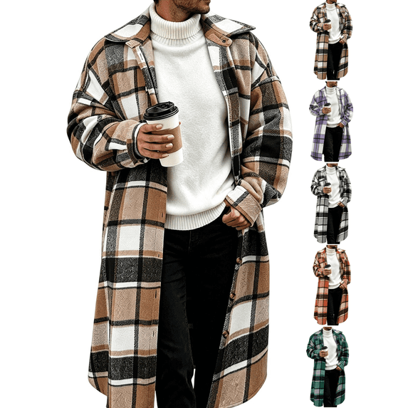 Xdegoge Long Plaid Coat Mens Casual Button Down Shacket Jacket Winter Warm Trench Coat Relaxed Fit Flannel Overcoat Outerwear for Fall Cold Weather Daily Use