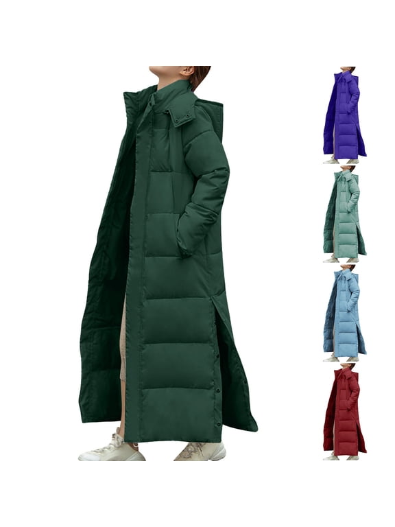 Long Puffer Coat for Women Quilted Jackets Ankle Length Zip Up Parka Long Sleeve Hooded Down Jacket 2025 Thermal Side Split Trendy Jacket Thick Warm Heavy Winter Jackets with Pockets