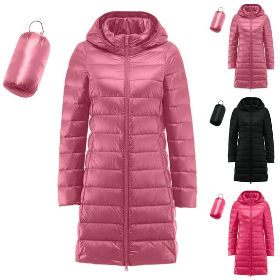 Xdegoge Long Puffer Jacket Womens Packable Lightweight Double Zipper Quilted Coat with Removable Hood Trendy Casual Slim Fit Pocket Down Coats 2025 Winter Warm Jackets