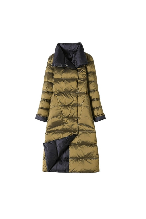 Long Puffer Jackets for Women Stand Collar Button Double Side Duck Down Coats Thick Solid Color Maxi Length Quilted Jacket with Pocket 2025 Warm Winter Cozy Overcoats