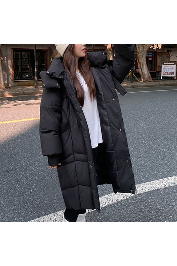 Long Puffer Jackets for Women Warm Zip up Heavy Winter Coat Thermal Padded Button Down Winter Coats Quilted Hooded Long Sleeve Jacket with Pockets Outerwear